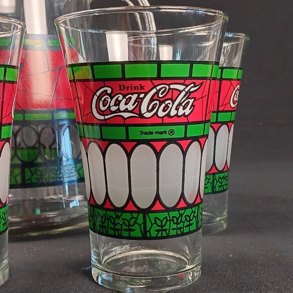 Vintage Coca Cola Collector Pitcher & Glasses Frosted Stained Pizzeria Pattern - Picture 3 of 5